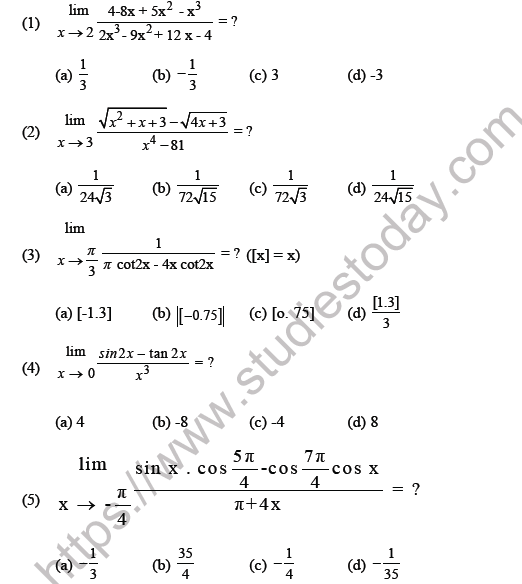 JEE Mathematics Limits Continuity And Differentiability MCQs Set B ...